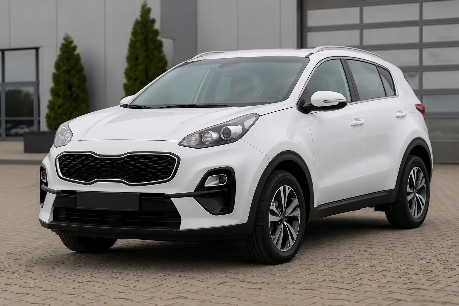 Baltas naujesnių metų Kia Sportage klasės polizinginis automobilis